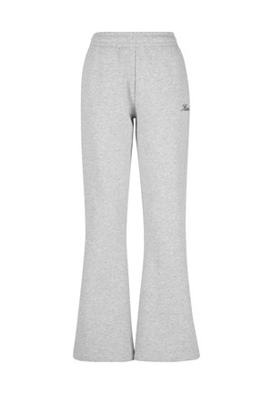 Pantaloni de trening gri, evazați, dintr-un material moale din bumbac. Au un elastic la talie și un mic logo negru pe partea stângă.