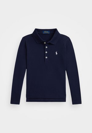 Džinsinis ilgomis rankovėmis polo marškinėliai, pagaminti iš medvilnės, su klasikiniu apykakle, trimis mygtukais ir išsiuvinėtu logotipu ant kairiojo krūtinės.