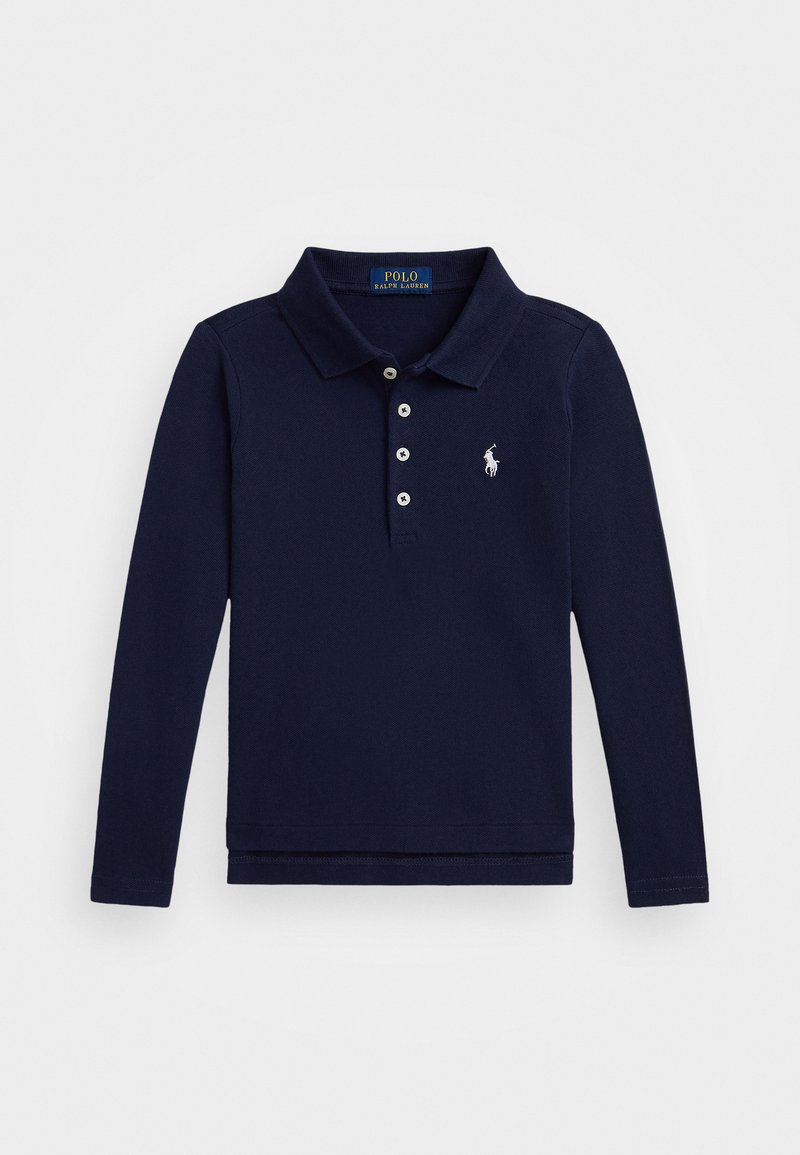 Polo de manga longa azul-marinho feito de algodão, com colarinho clássico, três botões e um logótipo bordado no lado esquerdo do peito.