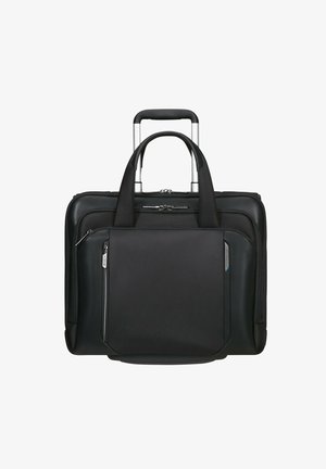 Schwarze Laptop-Rolltasche mit zwei kurzen Griffen, einem Teleskopgriff und mehreren mit Reißverschluss verschlossenen Fächern. Texturiertes Gewebe mit glatten Akzenten.