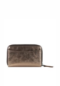Portafoglio in pelle bronzo con finitura testurizzata, chiusura con zip e tasca posteriore per carte. Forma rettangolare compatta con design elegante.
