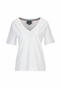 Witte katoenen T-shirt met korte mouwen en V-hals, voorzien van een subtiel logo op de linkerborst en een gestreepte afwerking aan de binnenkant van de kraag.