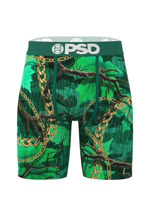 Grüne Herren-Boxershorts mit einem Muster aus braunen Baumzweigen, grünen Blättern und goldenen Ketten, mit einem dunkelgrünen PSD-Bund.