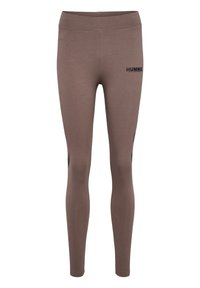 Leggings marrones de tejido suave, con cintura alta, que presentan el logo de la marca en negro y acentos contrastantes en negro a los lados.