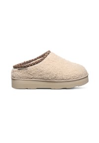 Beige wool slipper with a textured surface, rounded shape, and patterned brown trim along the upper edge, featuring a sturdy beige sole.