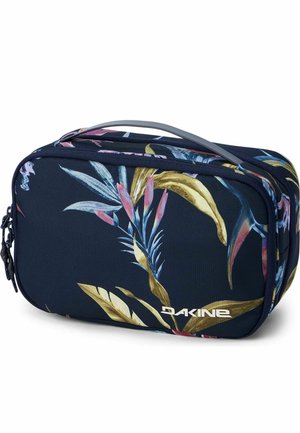 Rechthoekige marineblauwe toilettas met meerkleurig tropisch bladpatroon, ritssluiting, bovenhandvat en "DAKINE" logo aan de voorkant.