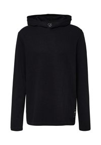 Schwarzer Hoodie mit langen Ärmeln aus weichem Stoff, mit rundem Halsausschnitt, verlängertem Kapuzenbereich und seitlichem Etikett am Saum.