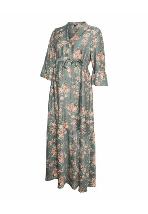 Grøn blomsterprint maxi graviditetskjole med 3/4 klokkeærmer, V-udskæring og bindebånd i taljen.