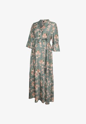 Groene maxi-jurk voor zwangerschap met bloemenmotief, 3/4 klokvormige mouwen, V-hals en strikceintuur in de taille.
