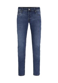 Modré úzké džíny z denimu s knoflíkem a zipem, předními kapsami a jemným vyblednutím na stehnech a kolenou.