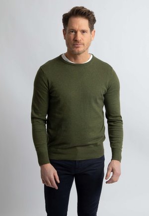 Khaki groene sweater met een ronde halslijn en lange mouwen, gemaakt van gebreide stof. Draag het over een wit T-shirt, gecombineerd met donkere broek.