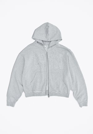Hellgrauer Kapuzenpullover mit durchgehendem Reißverschluss, Kapuze, Fronttaschen und dem Schriftzug "LION" aus Nieten über der Brust.