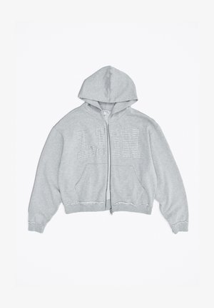 Hellgrauer Kapuzenpullover mit durchgehendem Reißverschluss, Kapuze, Fronttaschen und dem Schriftzug "LION" aus Nieten über der Brust.