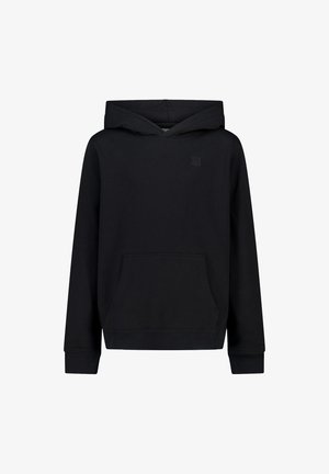 Un hoodie noir en tissu doux, doté d'une poche avant, de poignets côtelés et d'une capuche avec cordon de serrage. Design minimaliste avec un détail de logo.
