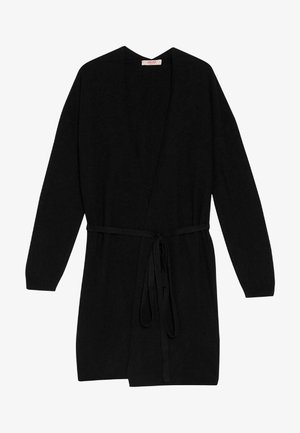 Lungo cardigan nero in maglia con maniche lunghe e cintura da annodare in vita, design con apertura frontale.