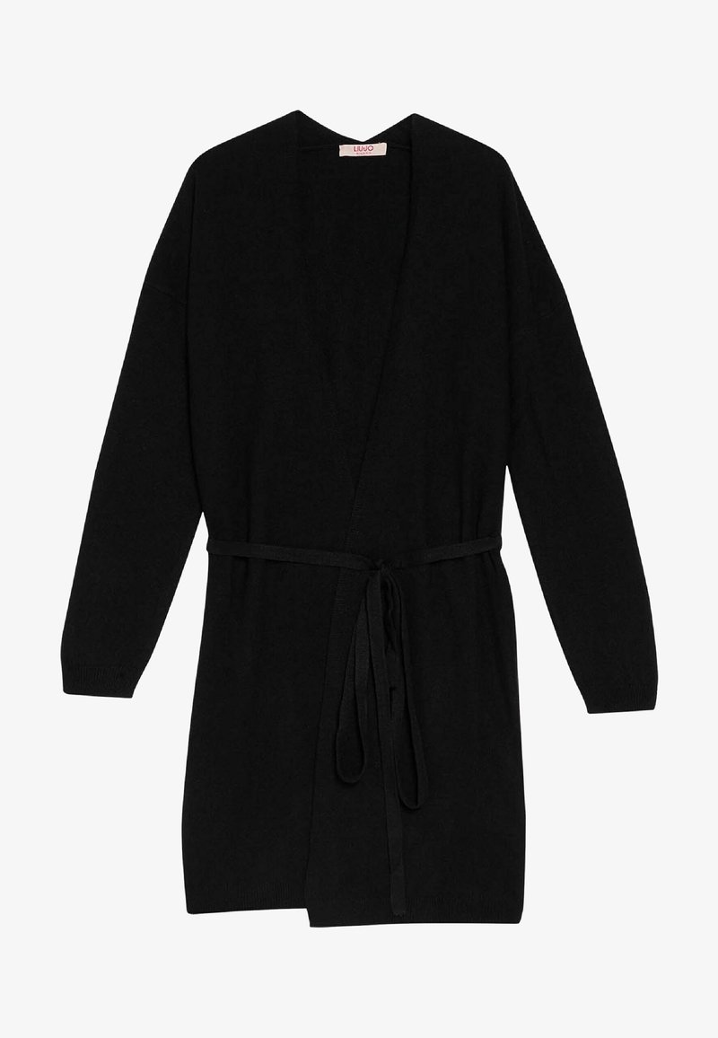 Długi czarny dziany kardigan z długimi rękawami i paskiem wiązanym w talii, otwarty z przodu.