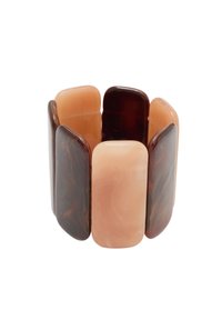 Armband som är gjord av växlade rosa och mörkbruna rektangulära bitar med släta ytor och rundade kanter, vilket bildar ett flexibelt band.