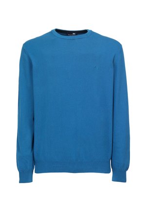 Sininen neulepusero, tehty pehmeästä neuloksesta, pyöreällä pääntiellä ja pitkillä hihoilla. Resorit hihansuissa ja helmassa, pienellä logoyksityiskohdalla.