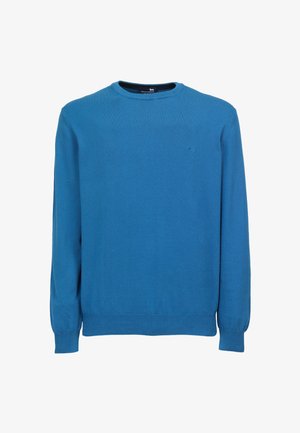 Blauwe trui gemaakt van zachte gebreide stof, met een ronde halslijn en lange mouwen. Geribbelde manchetten en zoom, met een klein logo-accent.