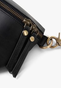 Black leather pouch zipper with two brass zipper pulls and a brass clasp attached to a leather loop on a white background.