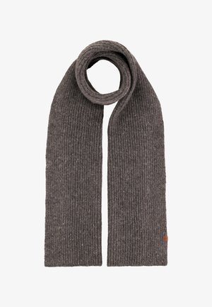 Ribbed gray scarf made from textured wool blend, featuring a brown leather label. The scarf is long, with a circular loop at one end.