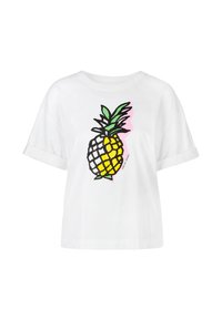 White cotton t-shirt featuring a black outline of a pineapple with yellow details and green leaves, set against a pink splash background.