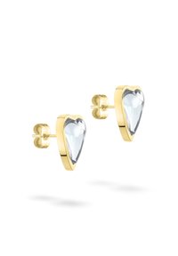 Guldfarvede metal hjerteformede ørestikker med klare facetterede sten, med en poleret overflade og sikker bagside lukning.