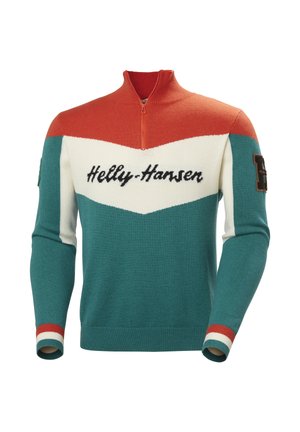 Gebreide trui met rits in een teal, witte en oranje kleurblokontwerp. Zwarte logo op de borst en contrasterende mouwen met strepen.