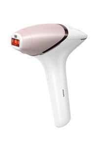 Dispositivo per la rimozione dei peli Philips con un corpo in plastica rosa e bianco, una finestra luminosa rettangolare e pulsanti di controllo sul manico.