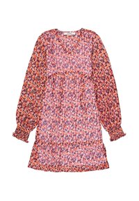 Vestido de estampado floral en tejido transparente, con mangas largas y fruncidas, una cinturilla fruncida y un dobladillo con volantes en tonos de rosa y morado.