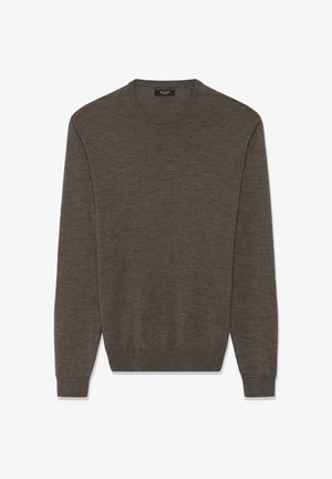 Olivově zelený svetr vyrobený z měkké vlny, s kruhovým výstřihem, dlouhými rukávy a žebrovanými manžetami a lemem. Jednoduchý, klasický design.