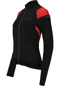 Schwarze Langarmjacke mit roten Netzakzenten an den Schultern, hohem Kragen, Reißverschluss vorne und reflektierenden Details entlang der Nähte.