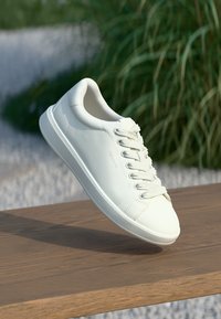 Sneaker bassa in pelle bianca con lacci, sospesa sopra una superficie di legno, con piante verdi sfocate sullo sfondo.