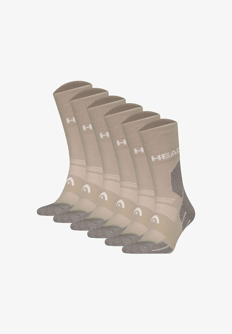Calzini sportivi beige, confezione da sei, con texture a costine, accenti grigi a contrasto, tallone rinforzato e dettaglio del logo bianco.