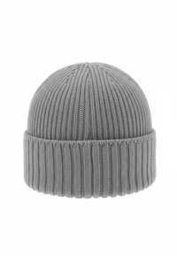 Gray knit beanie with a ribbed texture, featuring a folded brim and a smooth top. Made from soft wool or acrylic material, simple design.