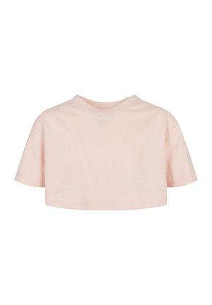 Cropped t-shirt in soft pink, made of cotton. Short sleeves, round neckline, and a smooth texture with minimal stitching details.