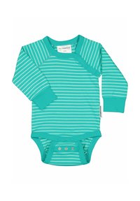 Turkos långärmad bodyn med vita horisontella ränder, tryckknappsst�ängning på axeln och i botten, tillverkad av mjuk bomullstyg.
