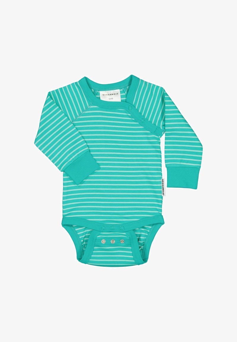 Turkoosi pitkähihainen onesie, jossa on valkoisia vaakasuoria raitoja, napitus olkapäällä ja alaosassa, valmistettu pehmeästä puuvillakankaasta.