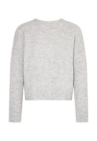 Maglione corto grigio chiaro con un motivo a diamante testurizzato, maniche lunghe e scollo a girocollo. Il materiale appare morbido e lavorato a maglia.
