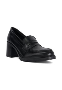 Black leather block heel loafers with a rounded toe, featuring a sleek design, subtle stitching details, and a smooth texture.