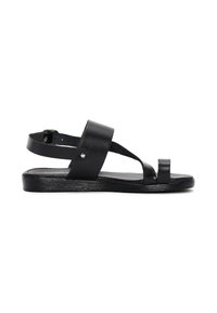 Sandali in pelle nera con suola piatta, due cinturini che attraversano il piede e un cinturino alla caviglia per una vestibilità sicura. Design semplice e minimalista.