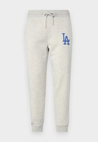 Graue Sweatpants aus einem weichen Material mit elastischem Bund und Kordelzug. Mit einem blauen "LA"-Logo an der linken Hüfte.