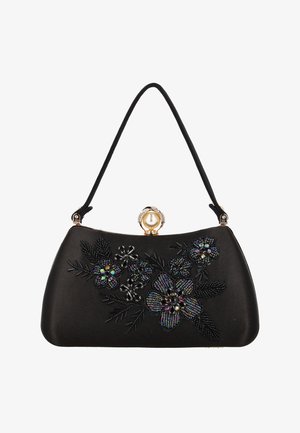 Schwarze Satinhandtasche mit geschwungener Form, floraler Perlenstickerei und einem Verschluss, der mit einer Perle und Strasssteinen verziert ist.