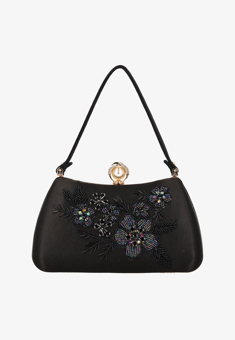 Geantă din satin negru cu formă curbată, design cu mărgele florale și o închizătoare împodobită cu perlă și strasuri.