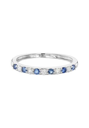 Weißgoldring mit abwechselndem blauen Saphiren und weißen Diamanten, eingefasst in einem zarten Band. Zeigt das Punzezeichen "375" im Inneren.