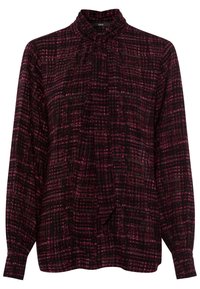 Blouse à manches longues de couleur bourgogne foncé avec un motif à carreaux. Présente un col montant et un détail de cou attaché, fabriquée en tissu léger.