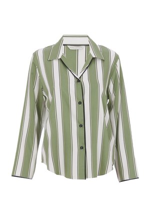 Chemise boutonnée à rayures vertes et blanches, à manches longues, avec des boutons noirs et un col. Présente des accents noirs contrastants le long des bords.