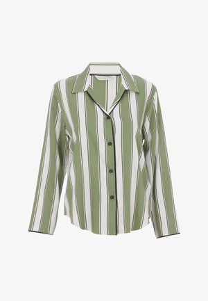 Groen-wit gestreepte overhemd met lange mouwen, zwarte knopen en een kraag. Heeft contrasterende zwarte accenten langs de randen.