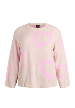 Maglione lavorato a maglia beige chiaro con motivi a cuore rosa, maniche lunghe, scollo rotondo e polsini e orlo a coste, etichettato "Zizzi".