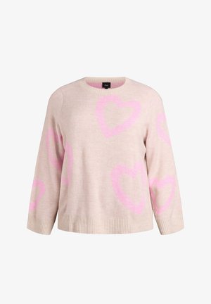 Maglione lavorato a maglia beige chiaro con motivi a cuore rosa, maniche lunghe, scollo rotondo e polsini e orlo a coste, etichettato "Zizzi".